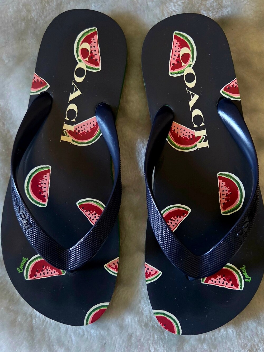 COACH Black Flip Flops with Watermelon Print